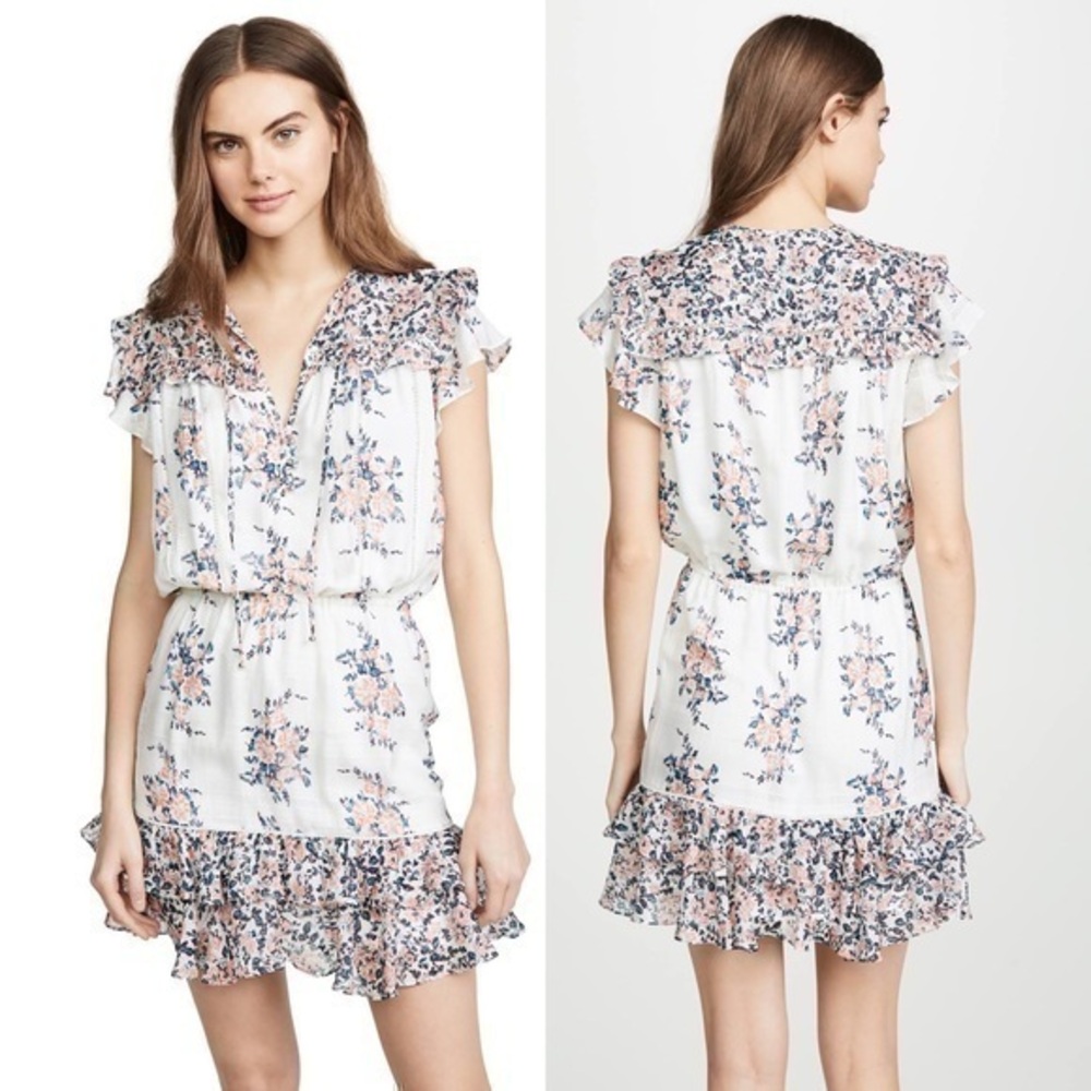 Veronica Beard Amica‎ Floral Ruffle Silk Tiered Skirt Dress White Pink Size 2